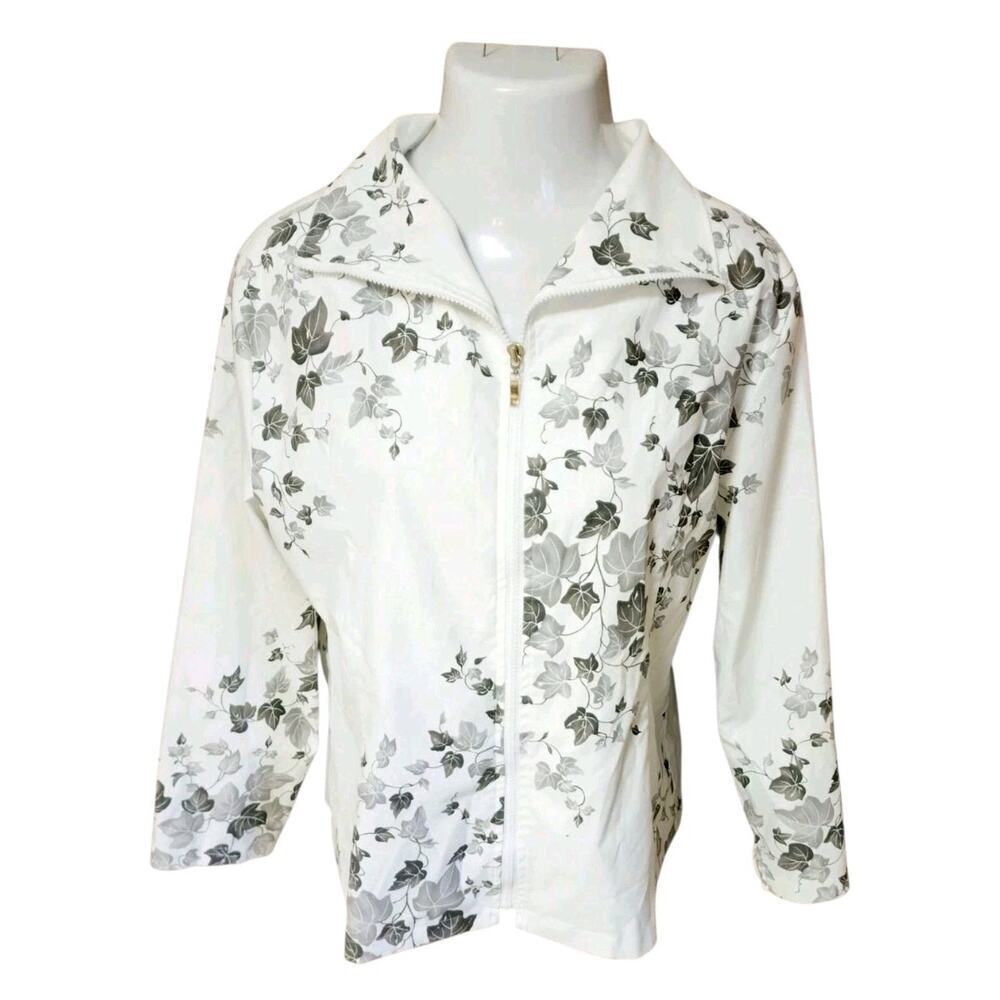 Clara S. Size XL Long Sleeve Wide Collar Jacket White & Black Autumn Leaf Zip Up